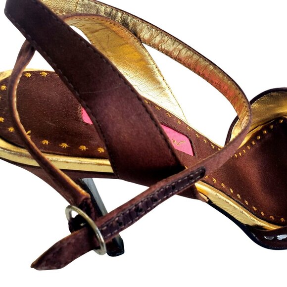 Betsey Johnson Cristie Platform Heels 7 Strappy Rhinestone Brown Gold Open Toe - Picture 12 of 13